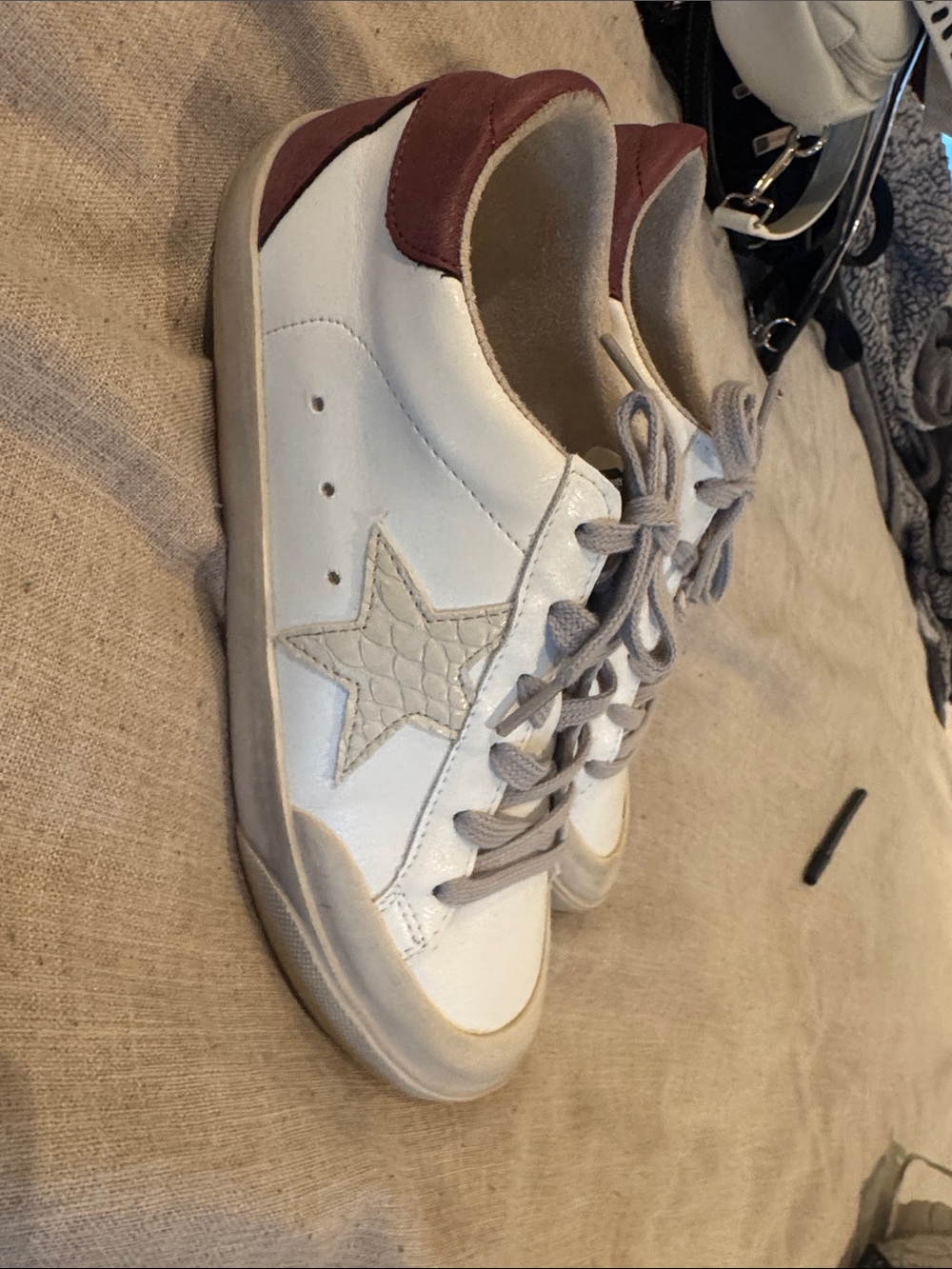 White Leather Star Accent Sneakers with Burgundy Heel